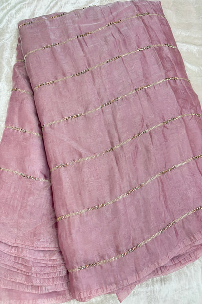 Cut Beads & Sequins Horizontal Lines Embroidered Space Silk Fabric