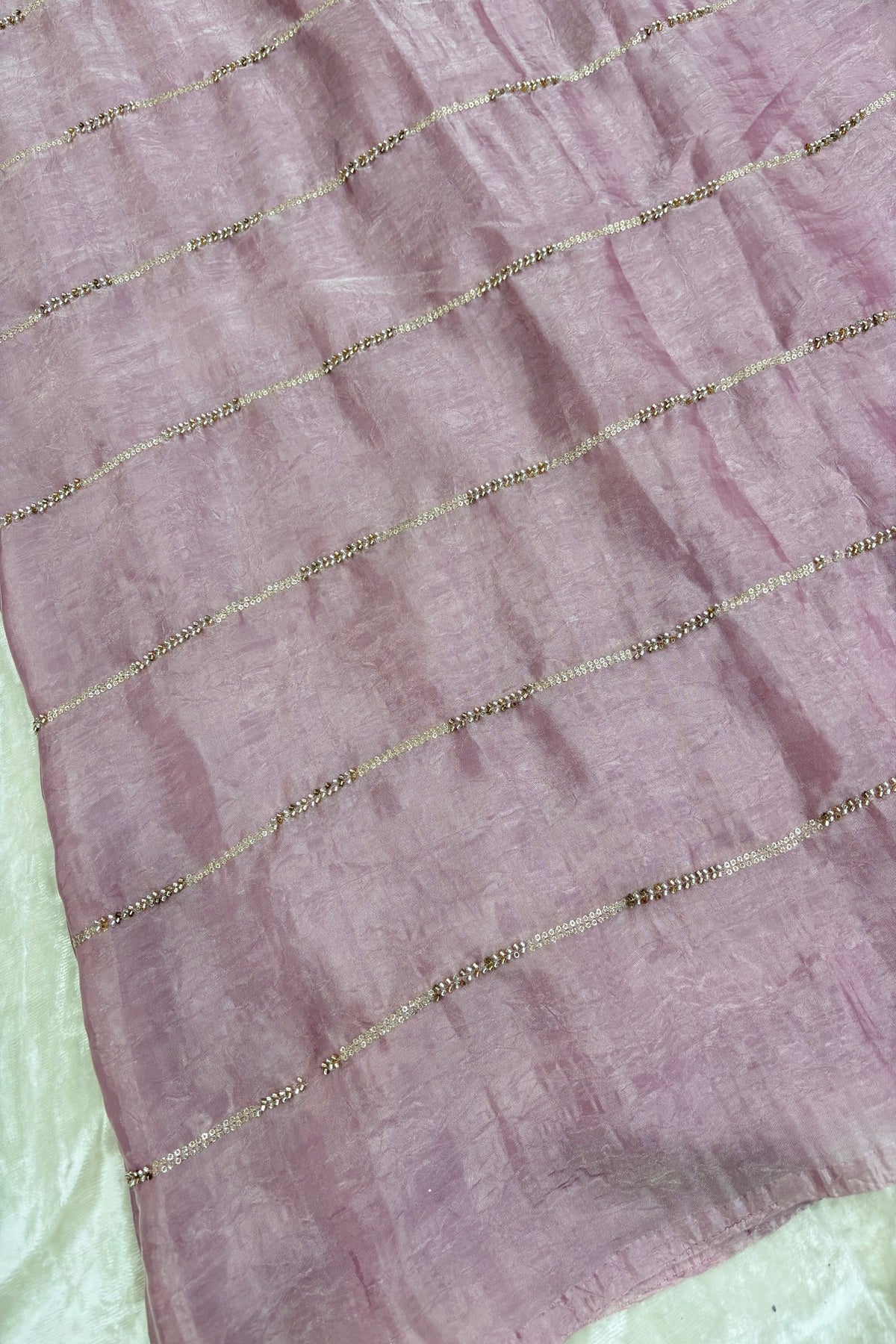 Cut Beads & Sequins Horizontal Lines Embroidered Space Silk Fabric