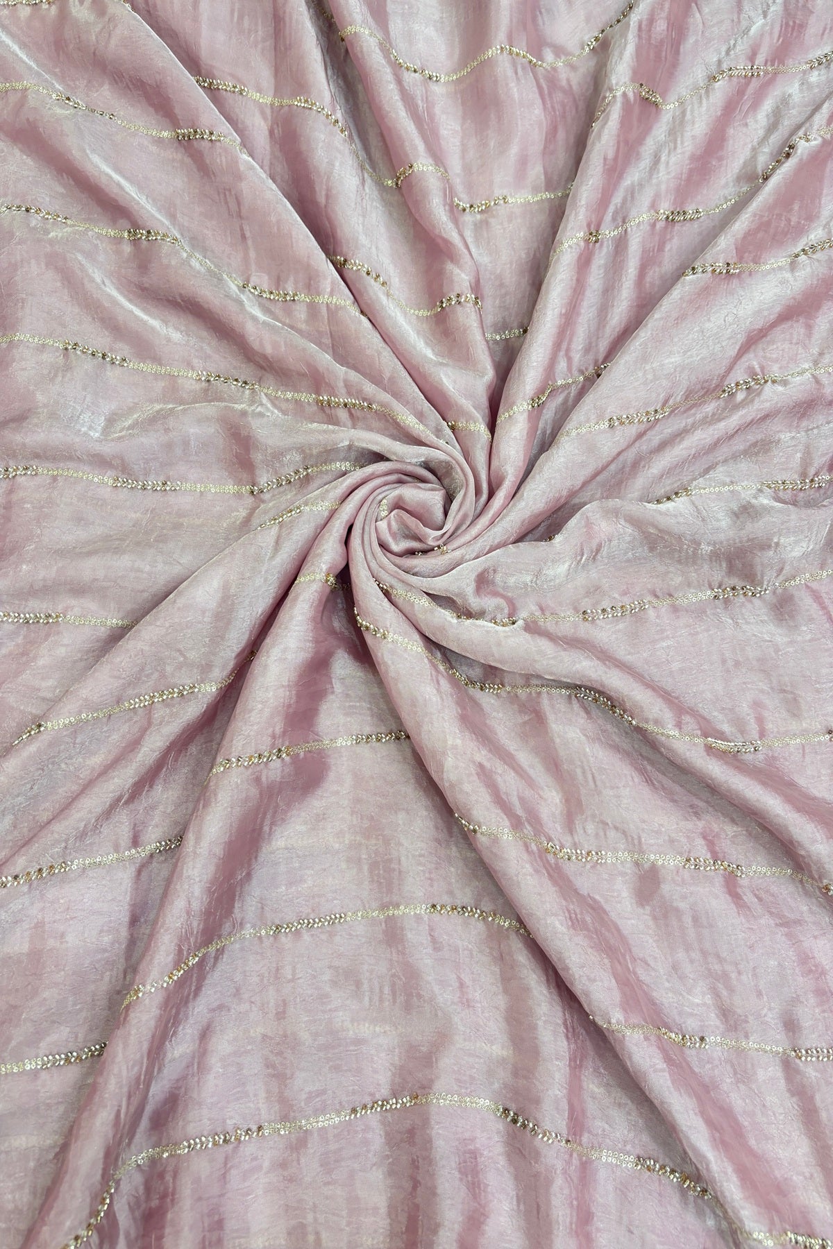 Cut Beads & Sequins Horizontal Lines Embroidered Space Silk Fabric