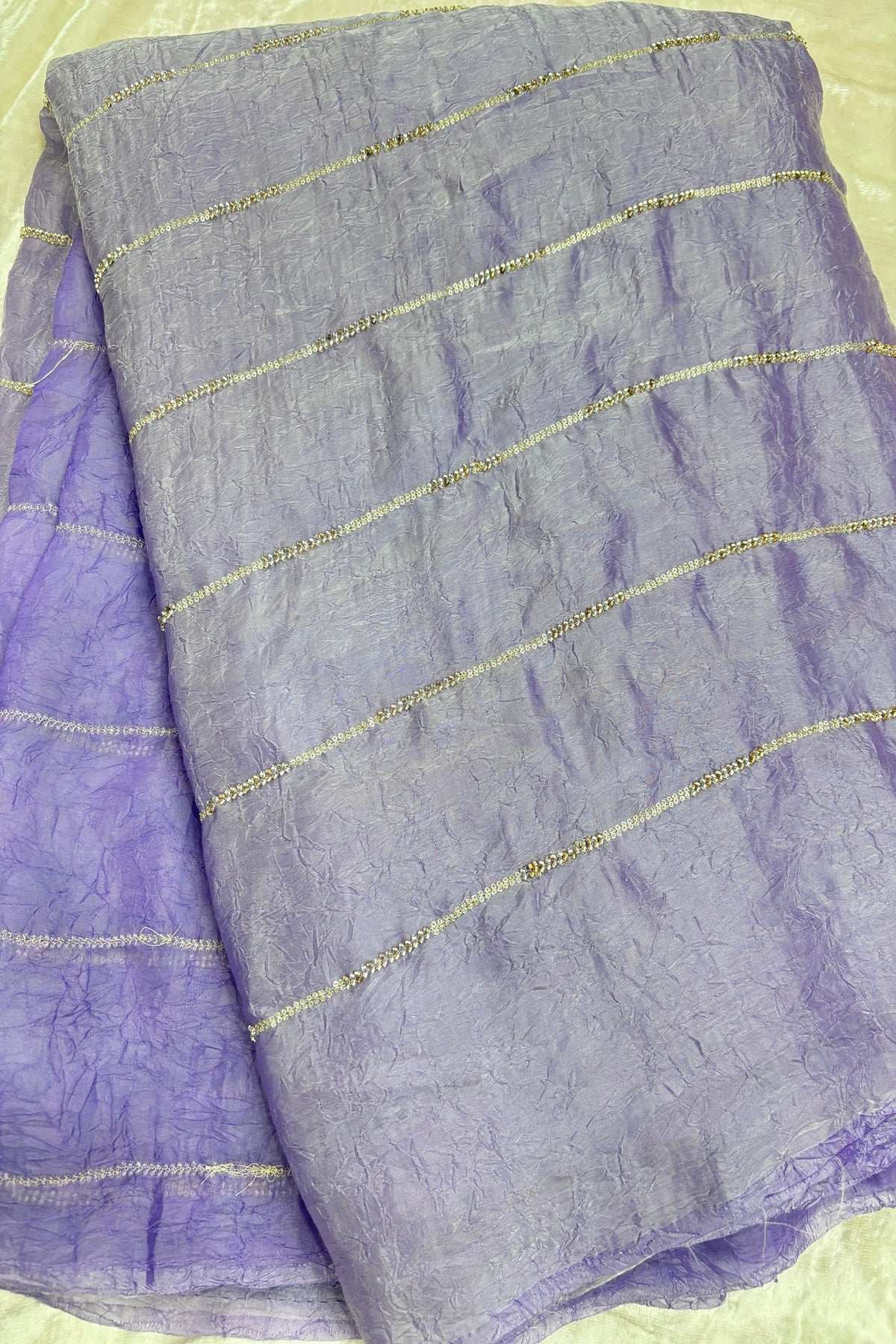 Cut Beads & Sequins Horizontal Lines Embroidered Space Silk Fabric