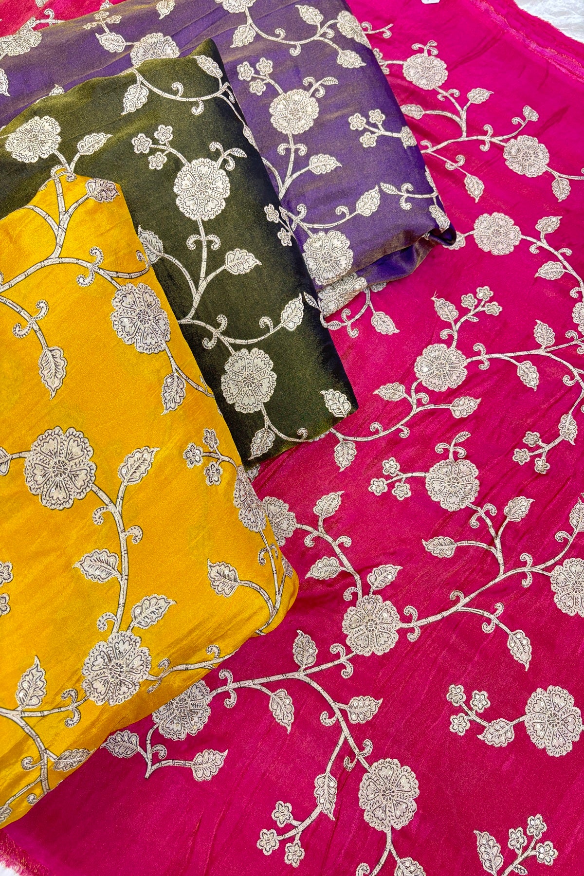 Kalamkari Inspired Floral Jaal printed Uppada Tissue Fabric