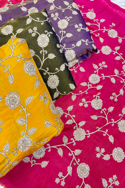 Kalamkari Inspired Floral Jaal printed Uppada Tissue Fabric