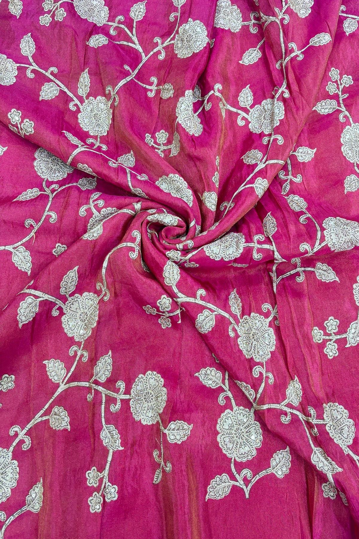 Kalamkari Inspired Floral Jaal printed Uppada Tissue Fabric