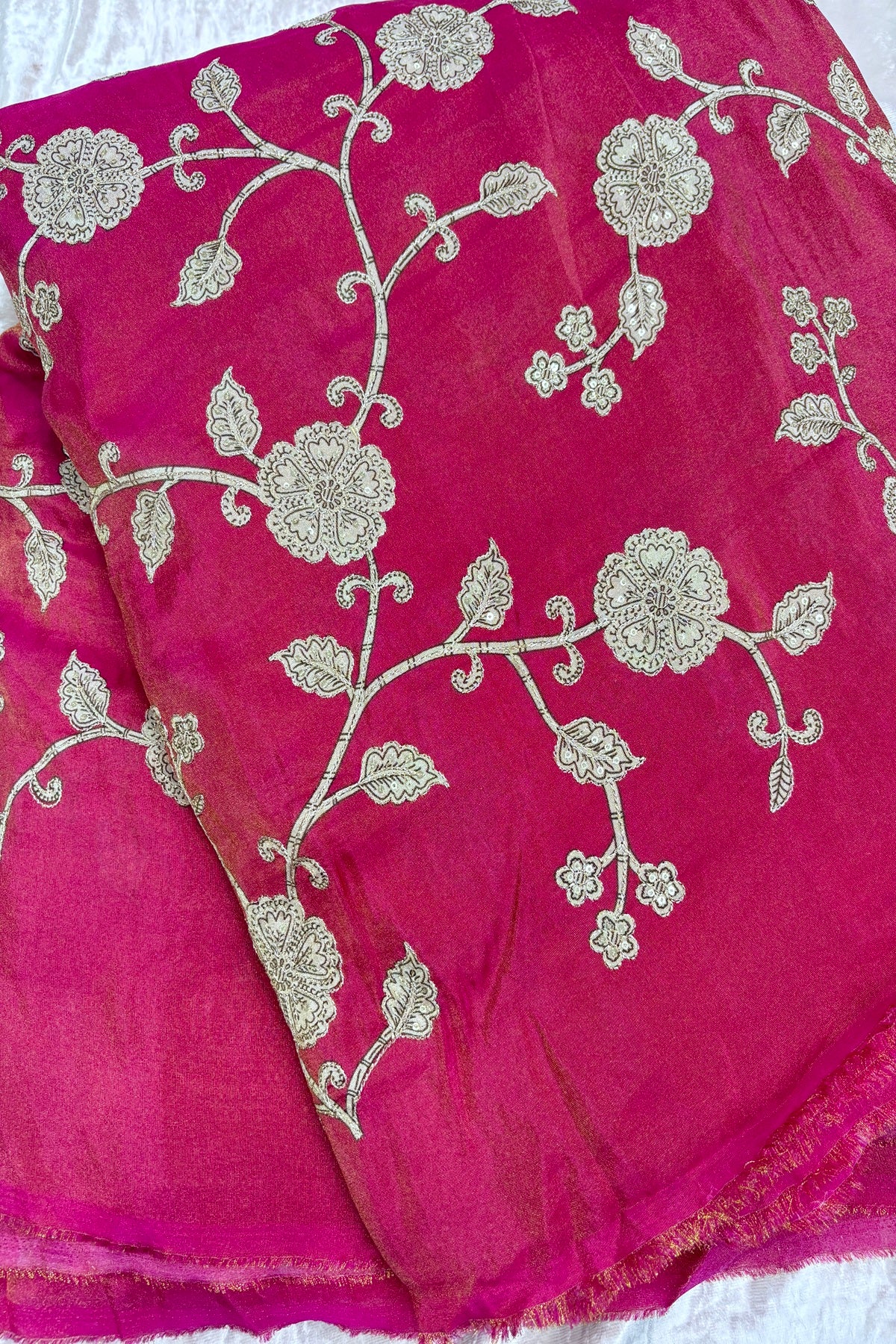 Kalamkari Inspired Floral Jaal printed Uppada Tissue Fabric