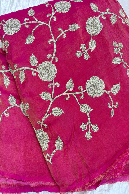 Kalamkari Inspired Floral Jaal printed Uppada Tissue Fabric