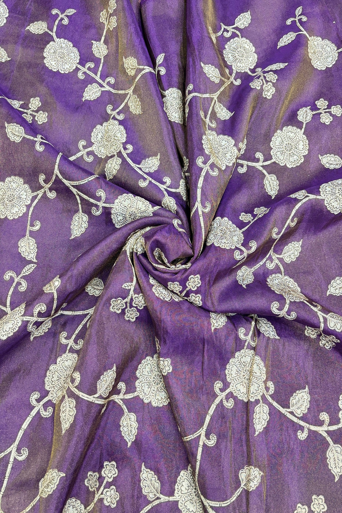 Kalamkari Inspired Floral Jaal printed Uppada Tissue Fabric