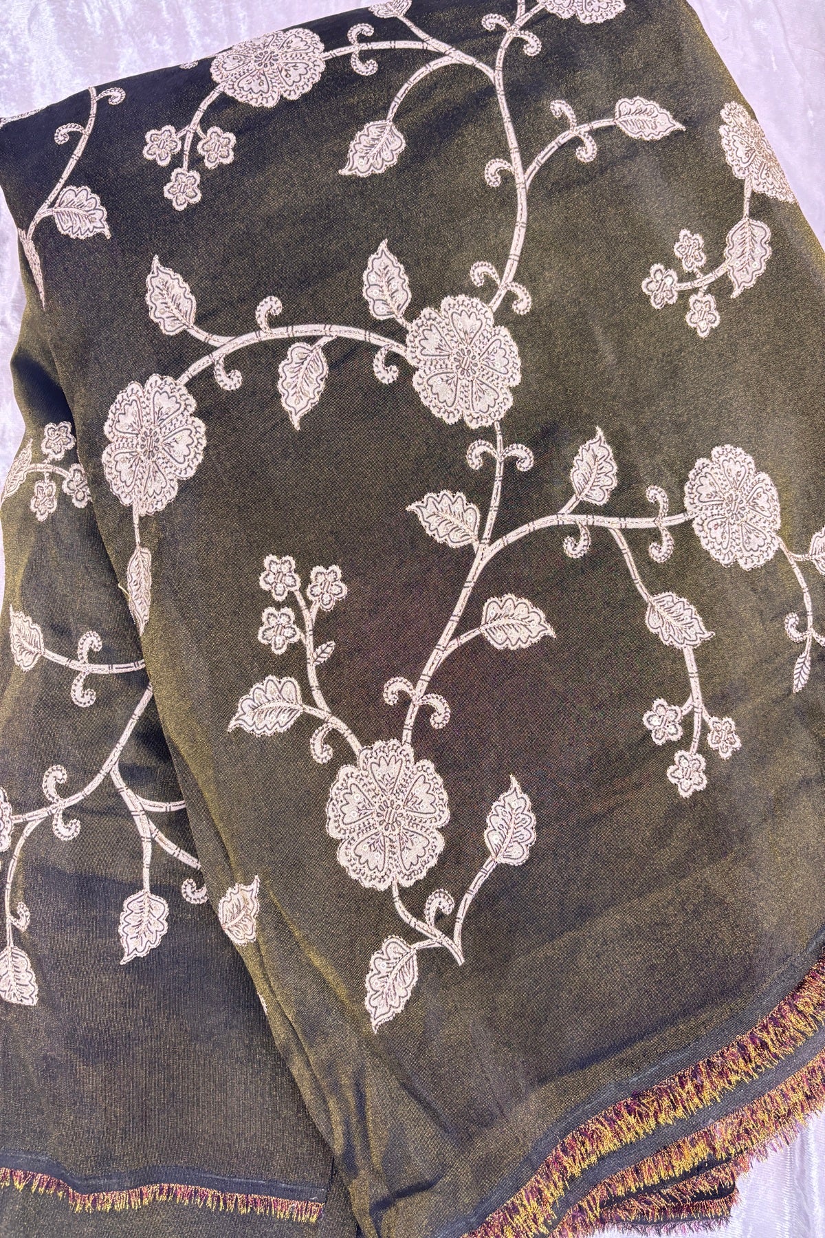 Kalamkari Inspired Floral Jaal printed Uppada Tissue Fabric