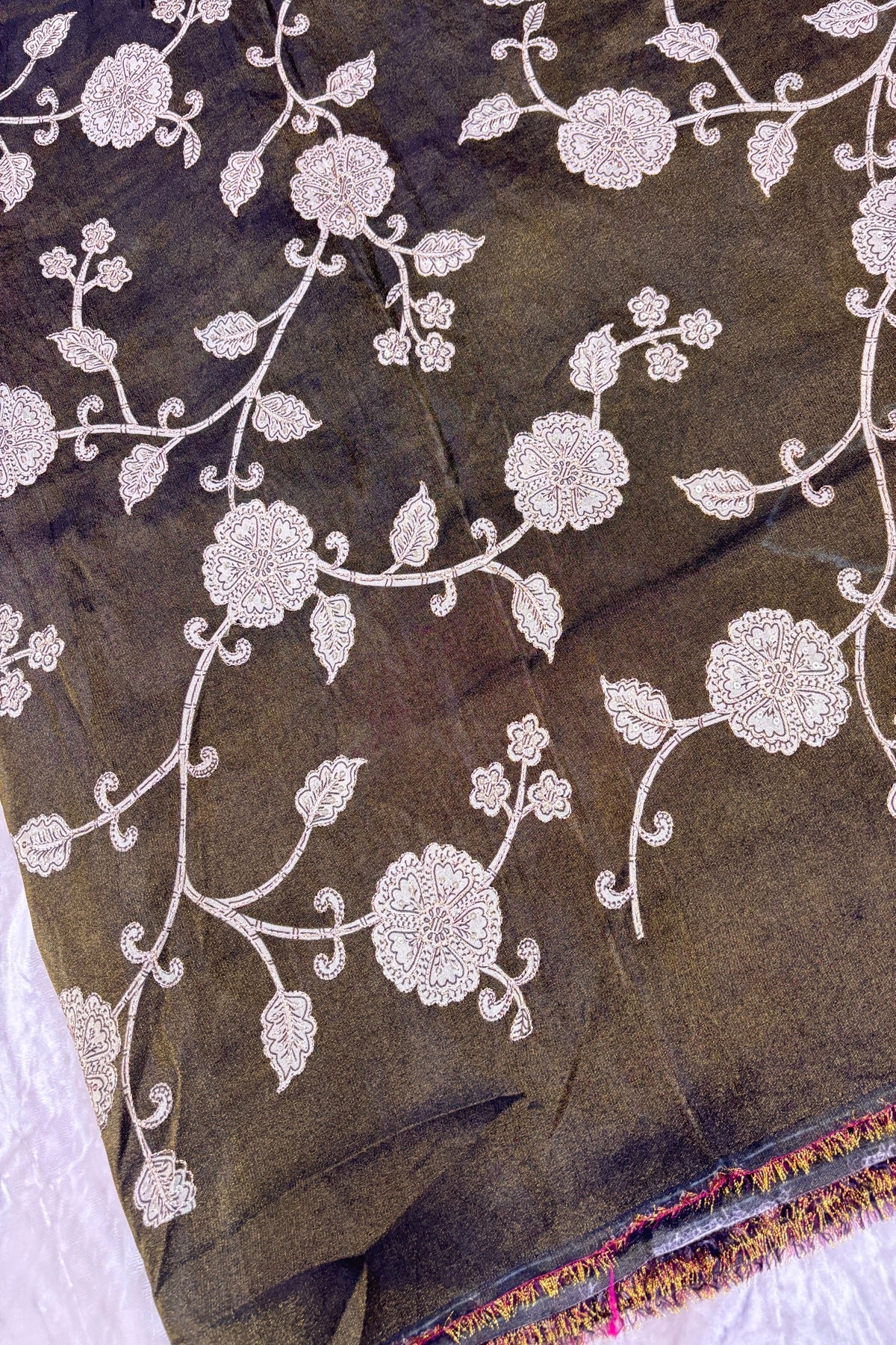 Kalamkari Inspired Floral Jaal printed Uppada Tissue Fabric