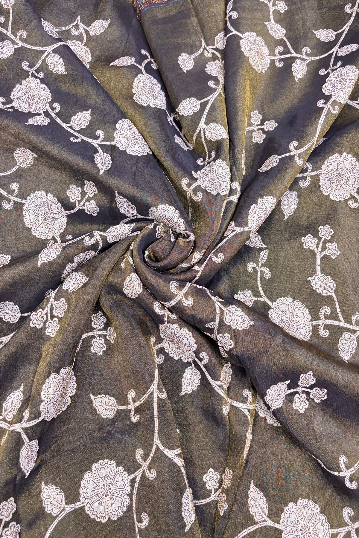 Kalamkari Inspired Floral Jaal printed Uppada Tissue Fabric