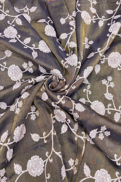 Kalamkari Inspired Floral Jaal printed Uppada Tissue Fabric