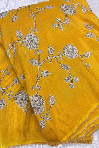Kalamkari Inspired Floral Jaal printed Uppada Tissue Fabric