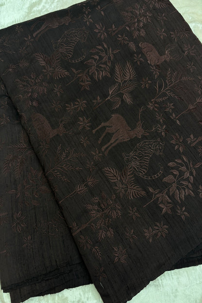 Forest Themed Self Thread Embroidered Pure Raw Silk Fabric