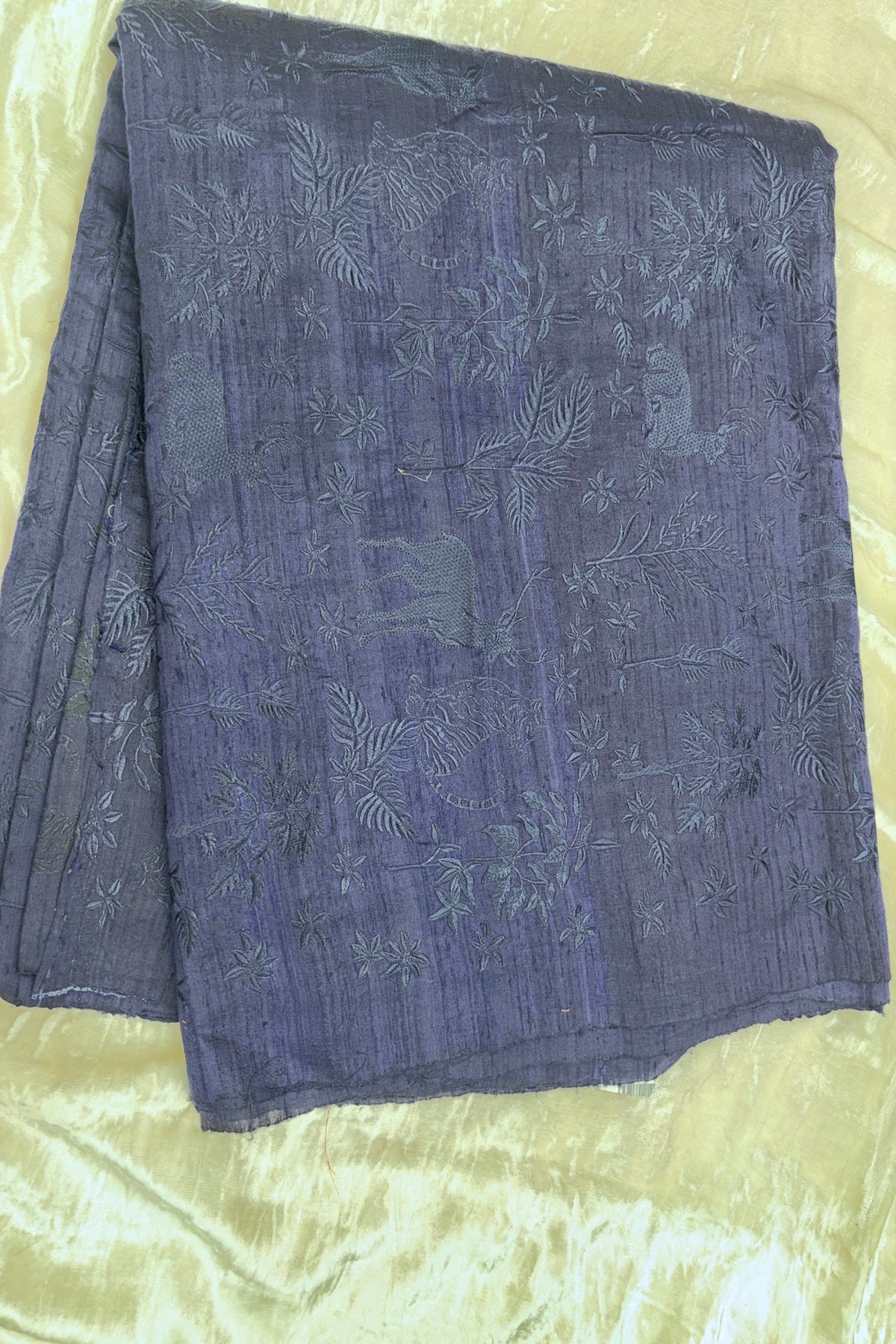 Forest Themed Self Thread Embroidered Pure Raw Silk Fabric