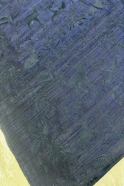 Forest Themed Self Thread Embroidered Pure Raw Silk Fabric