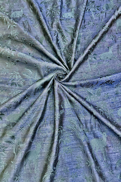 Forest Themed Self Thread Embroidered Pure Raw Silk Fabric