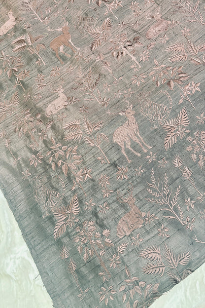 Forest Themed Self Thread Embroidered Pure Raw Silk Fabric