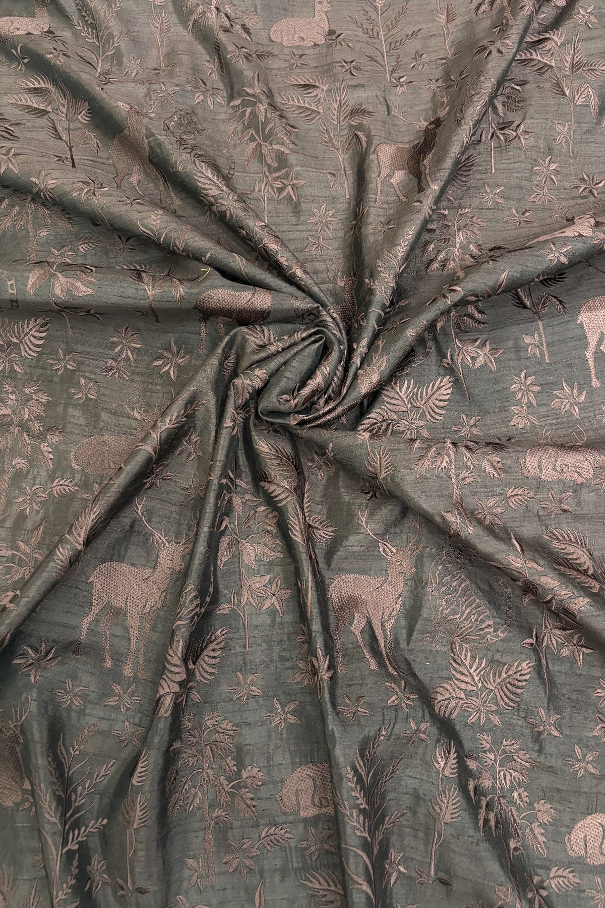 Forest Themed Self Thread Embroidered Pure Raw Silk Fabric