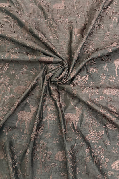 Forest Themed Self Thread Embroidered Pure Raw Silk Fabric