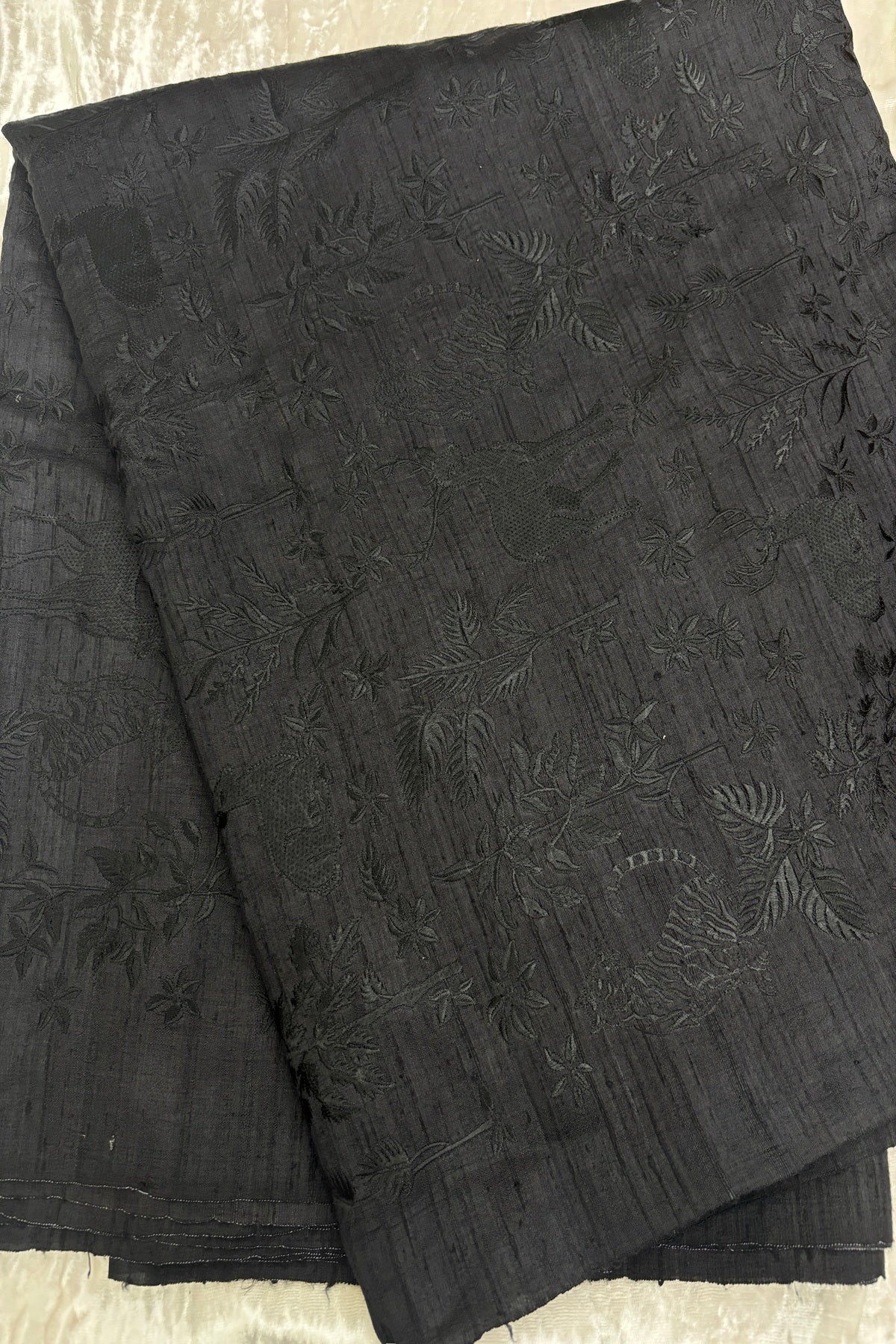 Forest Themed Self Thread Embroidered Pure Raw Silk Fabric