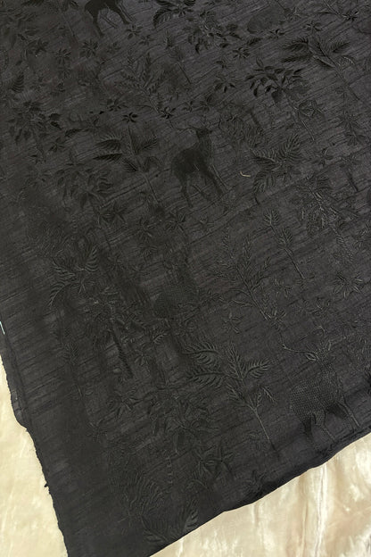 Forest Themed Self Thread Embroidered Pure Raw Silk Fabric