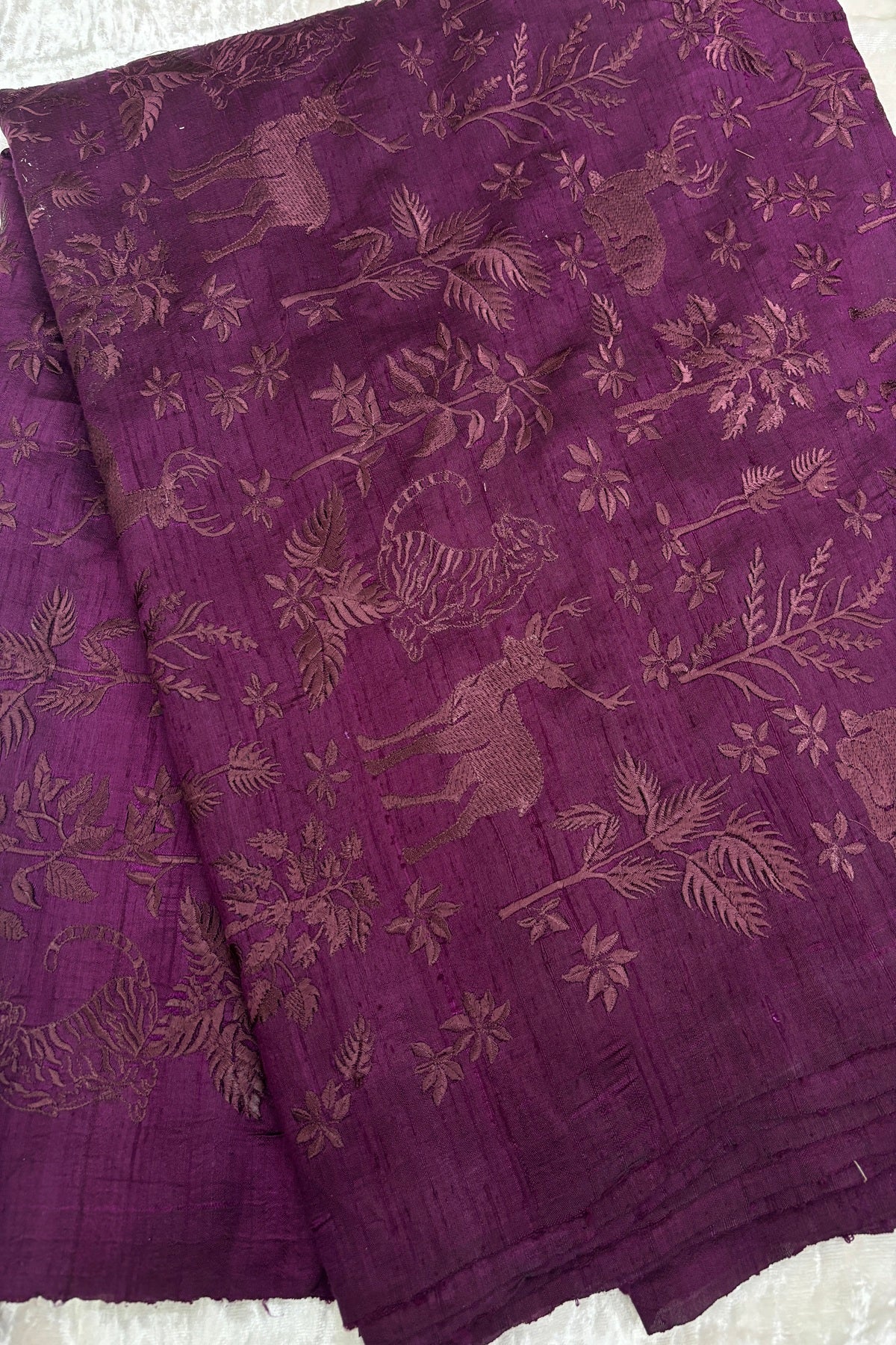 Forest Themed Self Thread Embroidered Pure Raw Silk Fabric