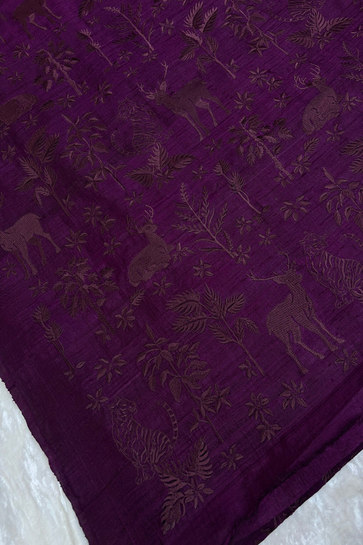 Forest Themed Self Thread Embroidered Pure Raw Silk Fabric