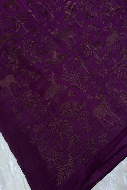 Forest Themed Self Thread Embroidered Pure Raw Silk Fabric