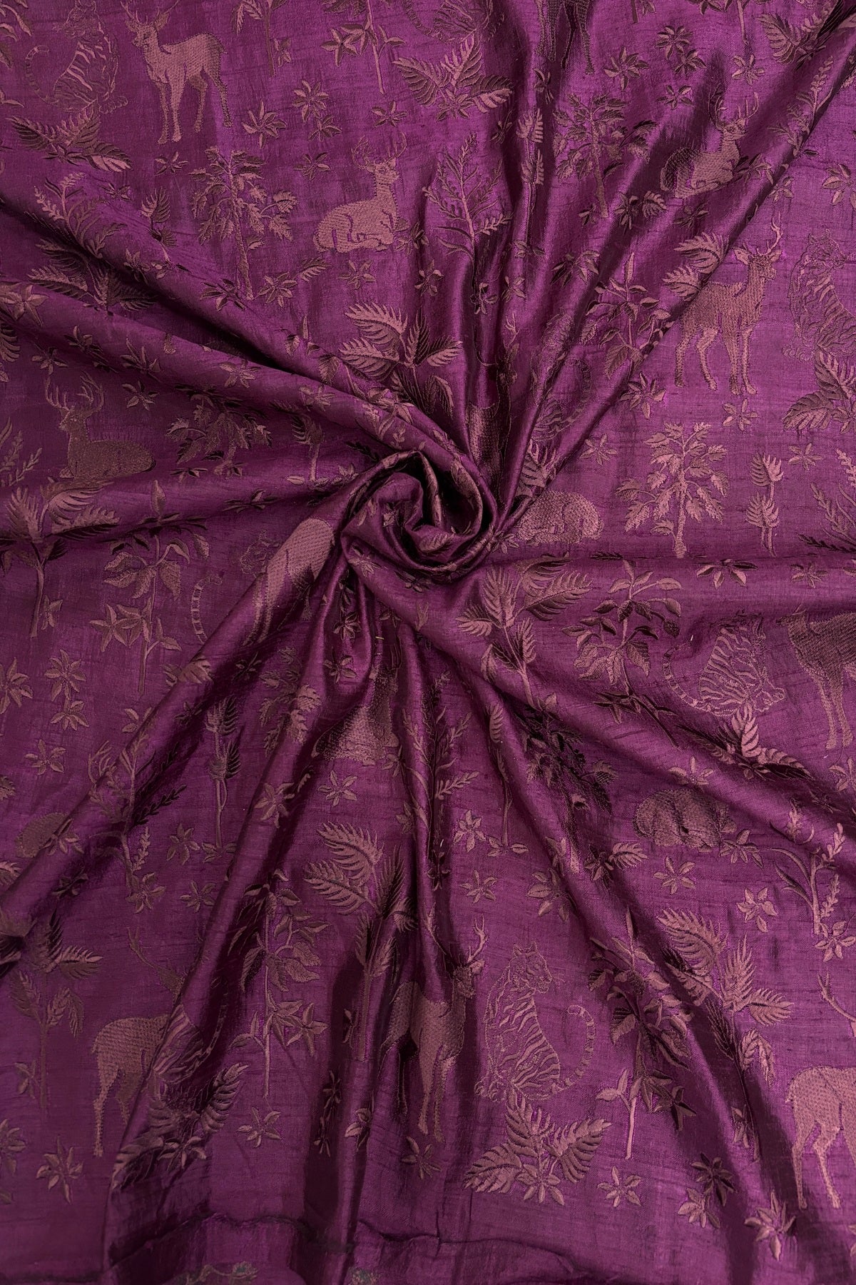 Forest Themed Self Thread Embroidered Pure Raw Silk Fabric