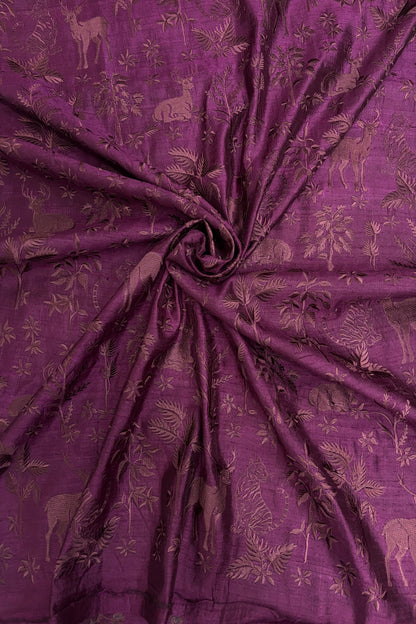 Forest Themed Self Thread Embroidered Pure Raw Silk Fabric