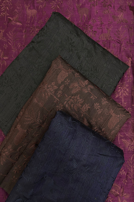 Forest Themed Self Thread Embroidered Pure Raw Silk Fabric