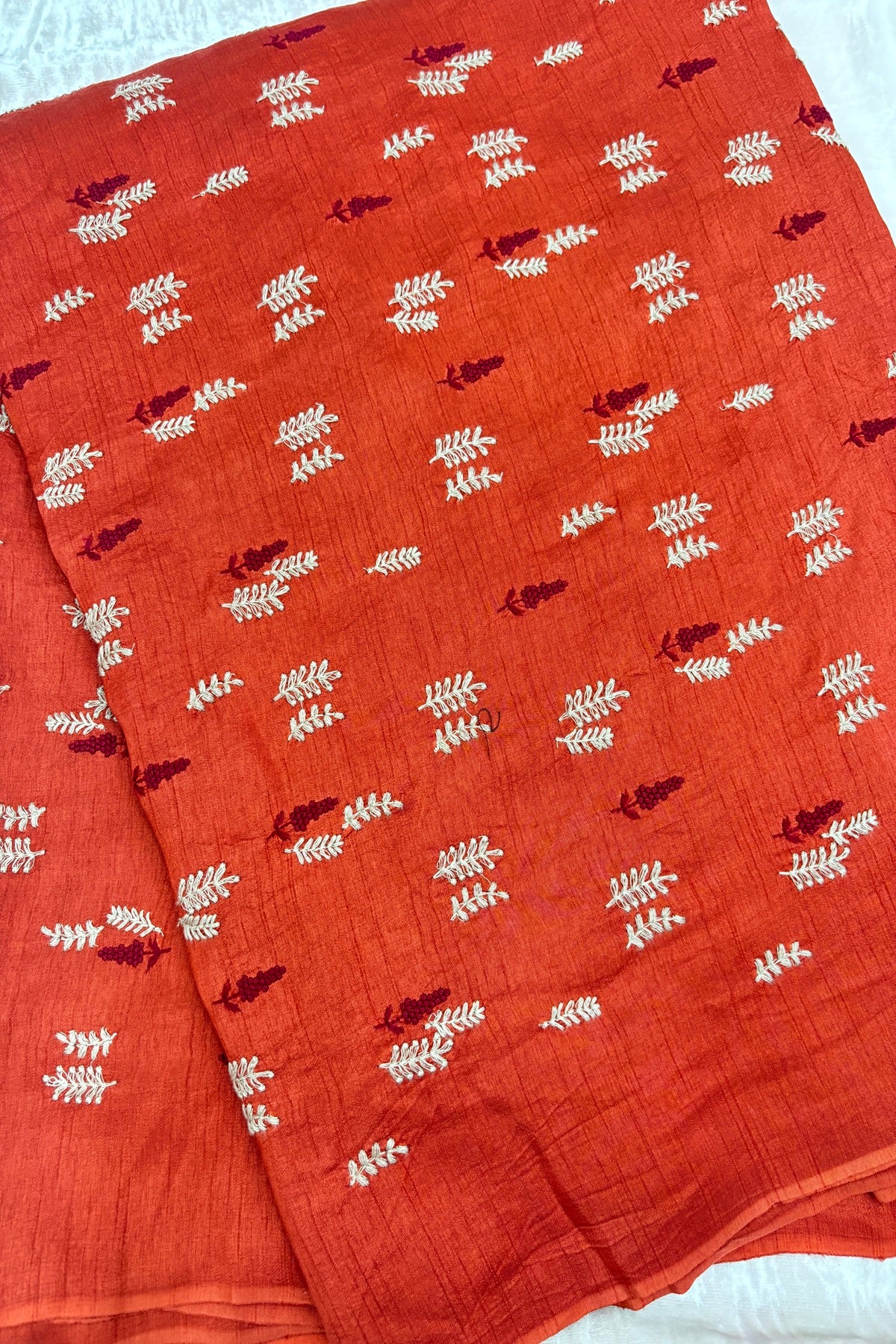 Pines & Leaves Embroidered Pure Falling Raw Silk Fabric