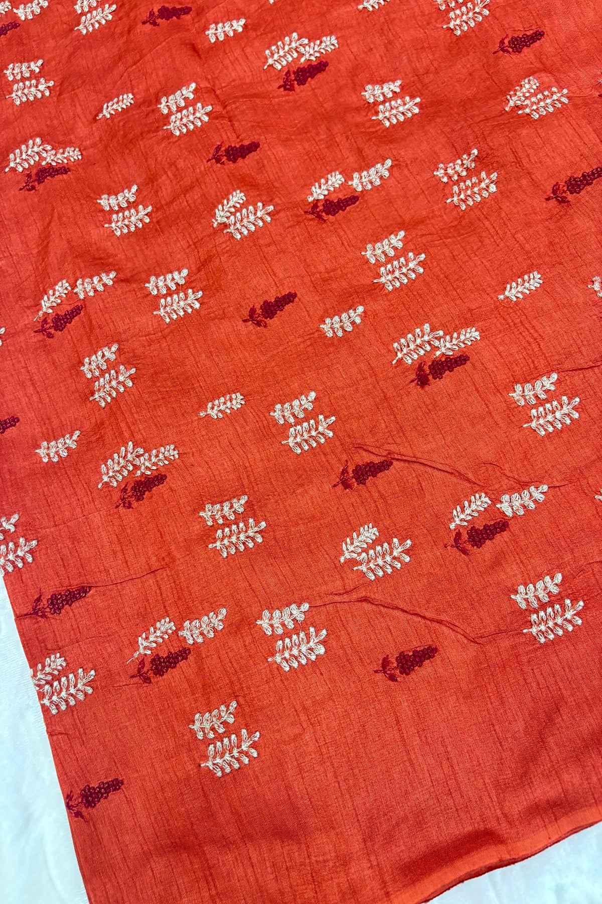 Pines & Leaves Embroidered Pure Falling Raw Silk Fabric