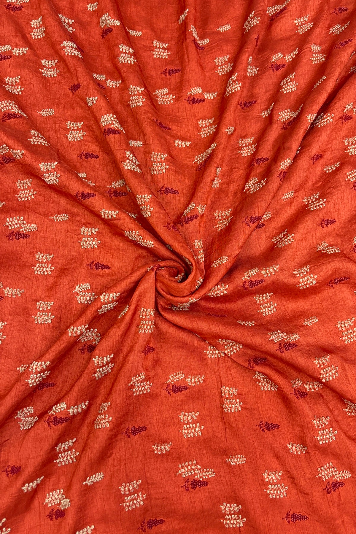 Pines & Leaves Embroidered Pure Falling Raw Silk Fabric
