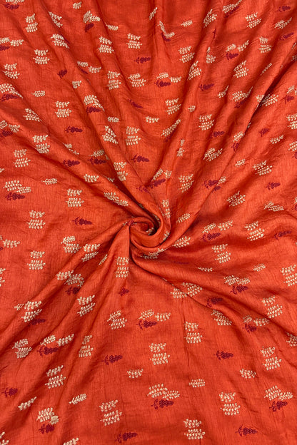 Pines & Leaves Embroidered Pure Falling Raw Silk Fabric