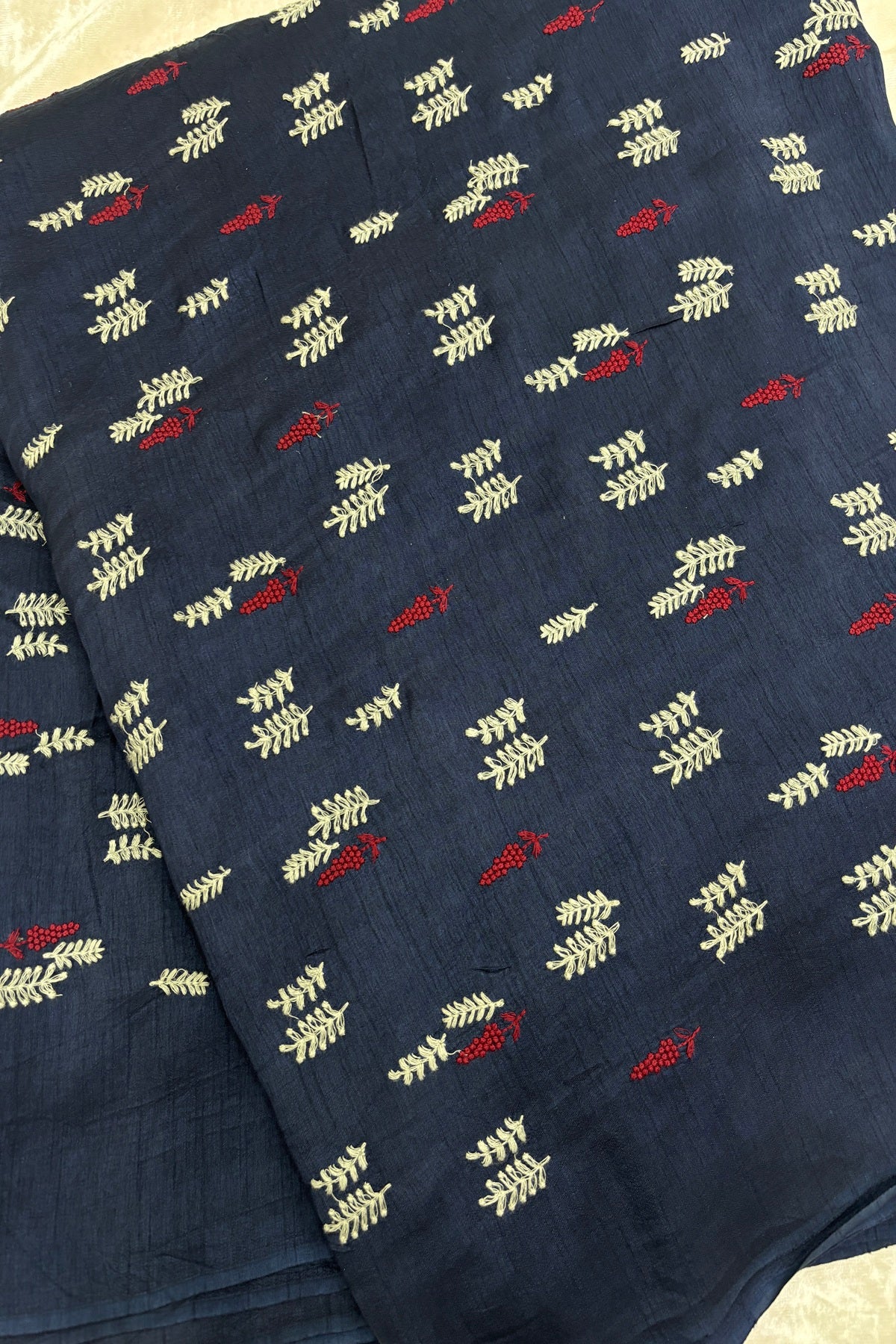Pines & Leaves Embroidered Pure Falling Raw Silk Fabric