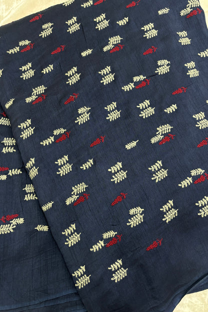 Pines & Leaves Embroidered Pure Falling Raw Silk Fabric