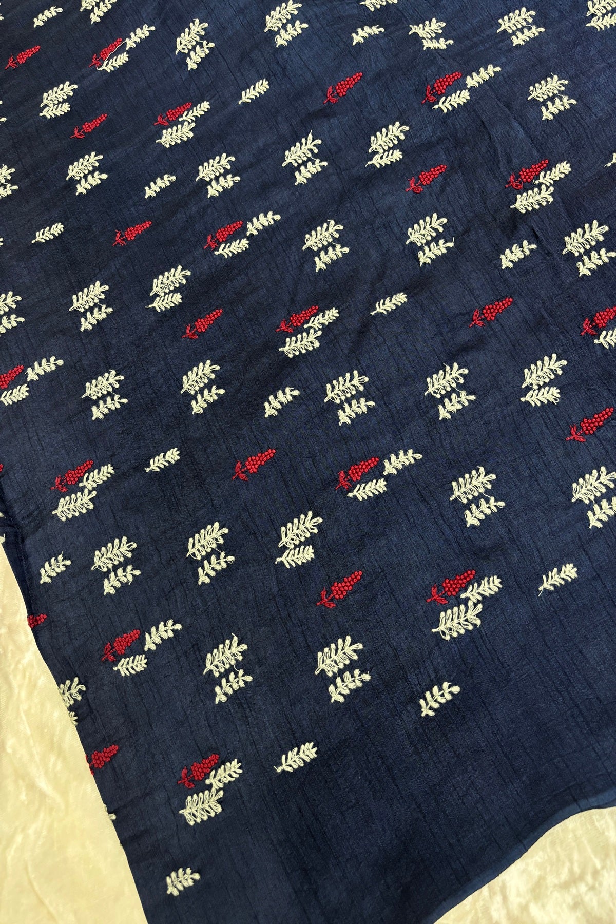 Pines & Leaves Embroidered Pure Falling Raw Silk Fabric