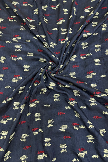 Pines & Leaves Embroidered Pure Falling Raw Silk Fabric