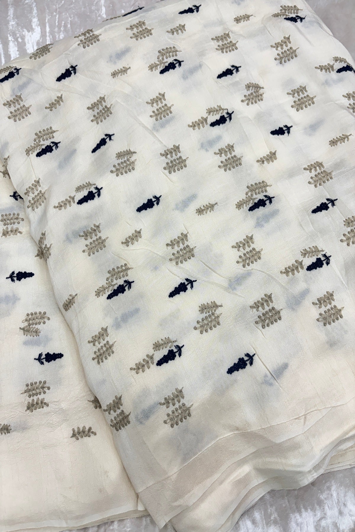 Pines & Leaves Embroidered Pure Falling Raw Silk Fabric
