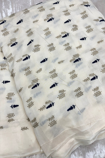 Pines & Leaves Embroidered Pure Falling Raw Silk Fabric