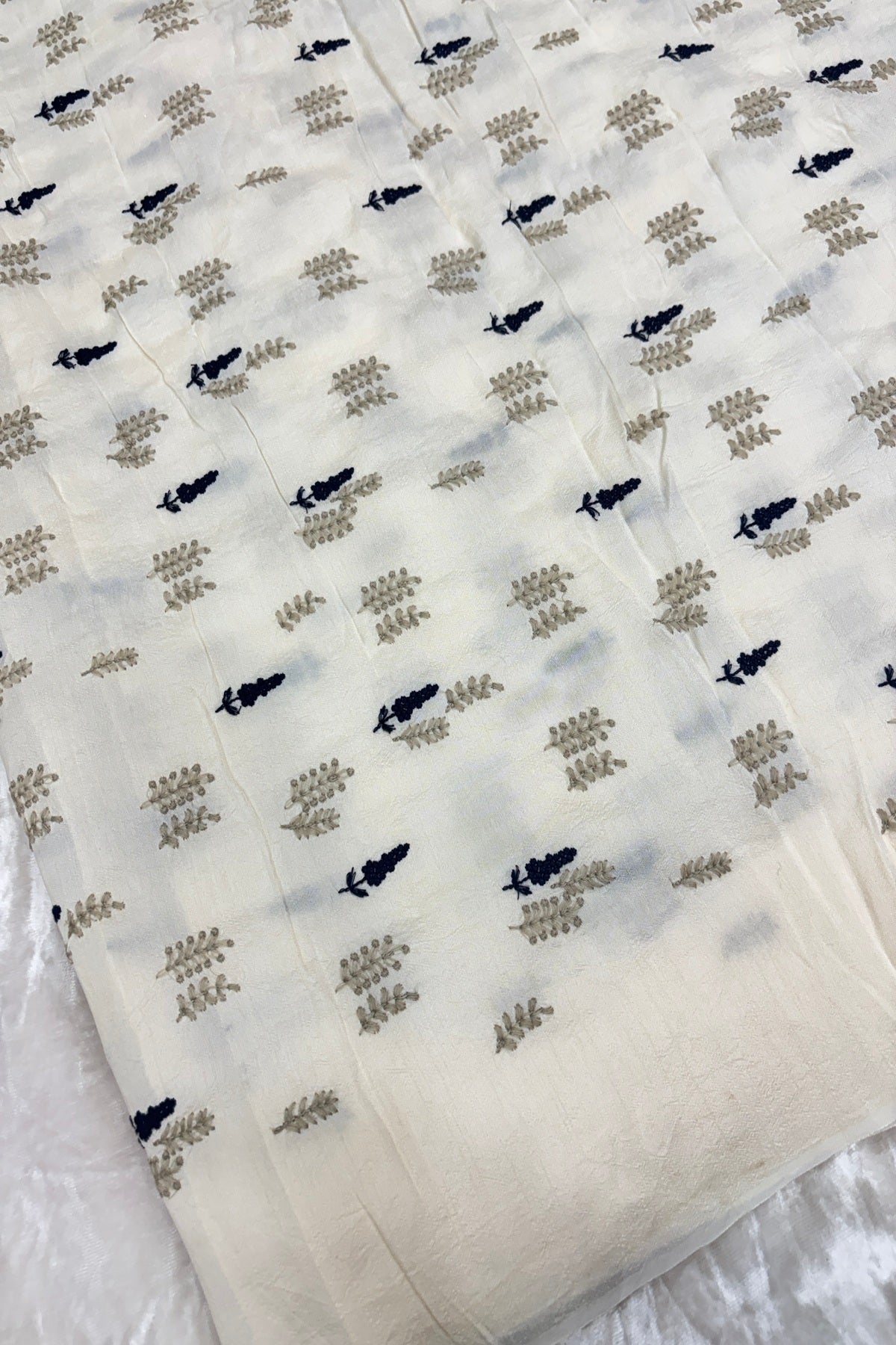 Pines & Leaves Embroidered Pure Falling Raw Silk Fabric
