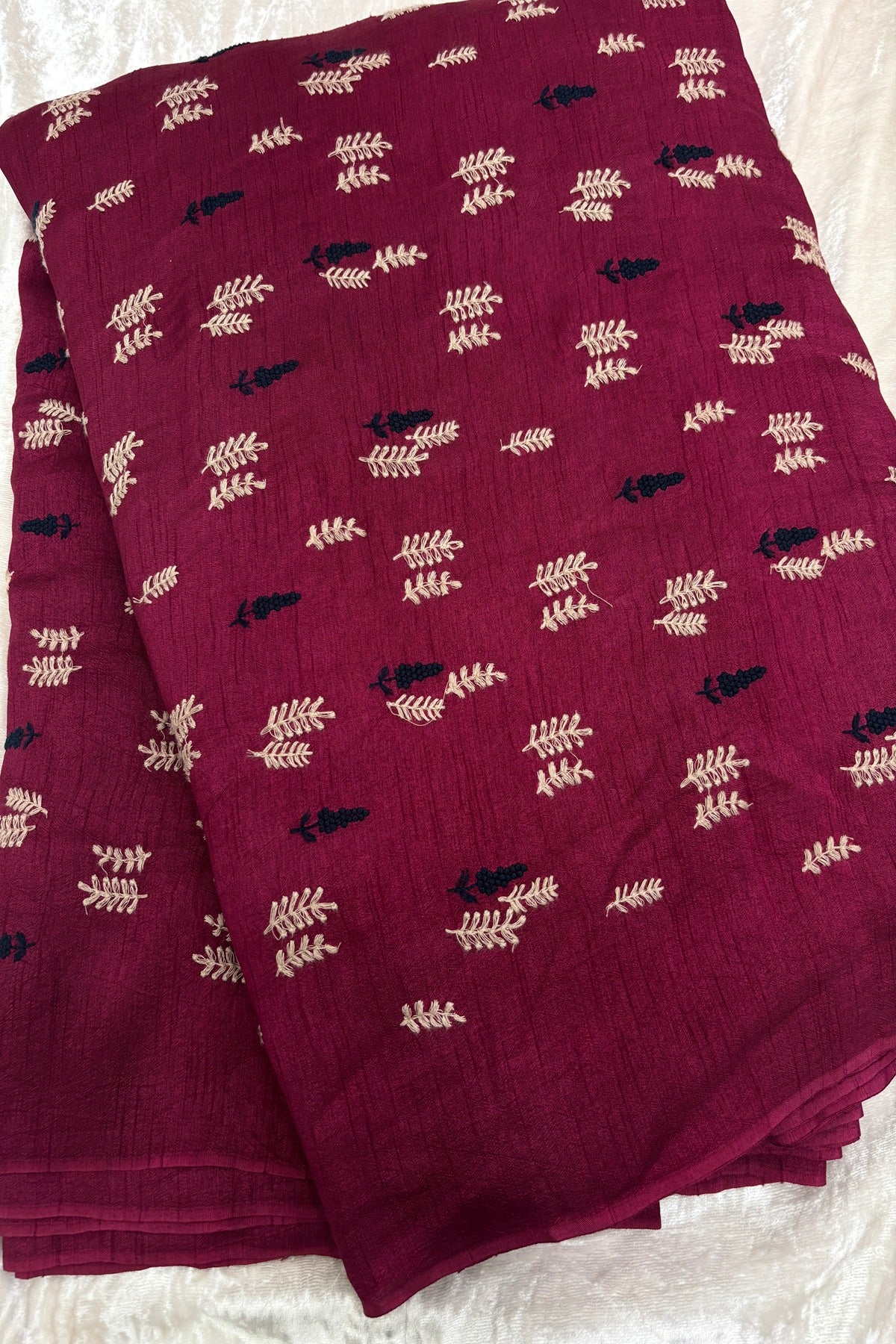 Pines & Leaves Embroidered Pure Falling Raw Silk Fabric