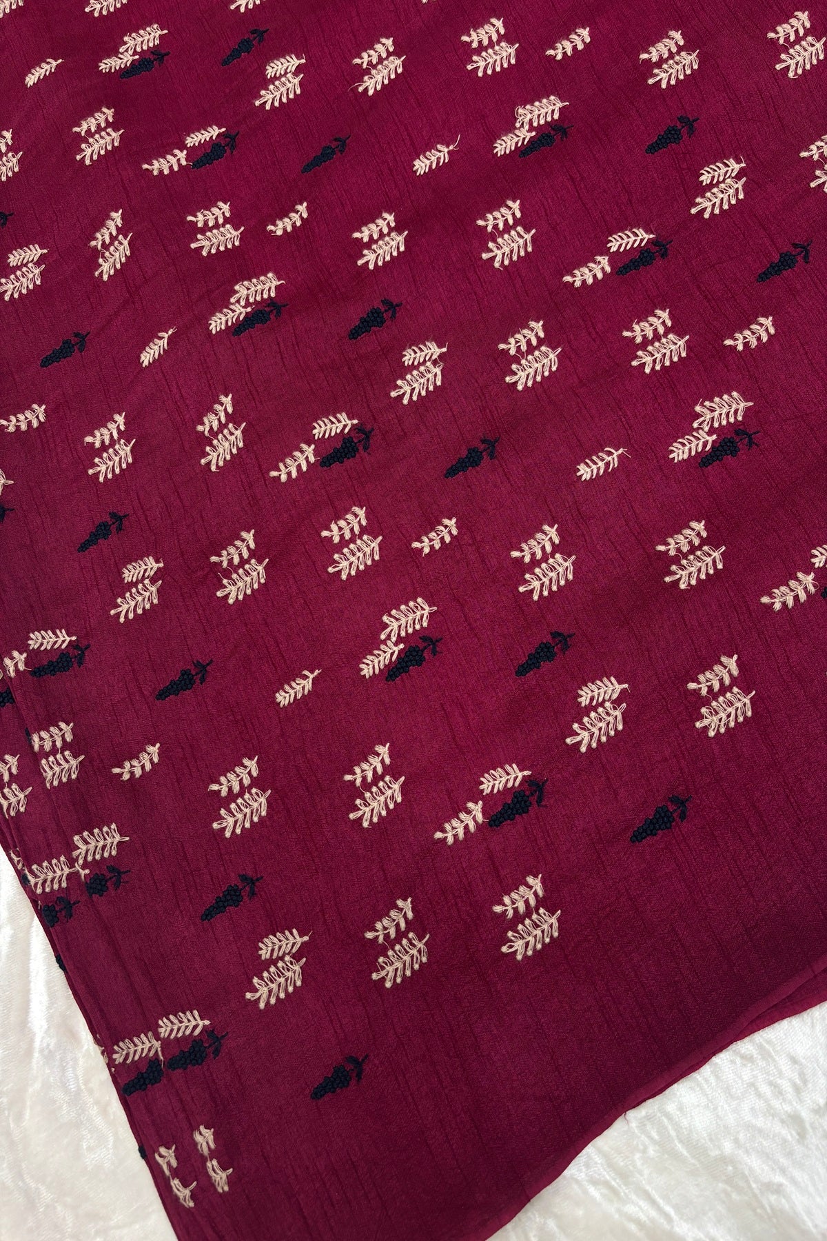 Pines & Leaves Embroidered Pure Falling Raw Silk Fabric