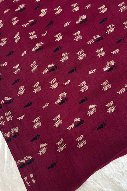 Pines & Leaves Embroidered Pure Falling Raw Silk Fabric