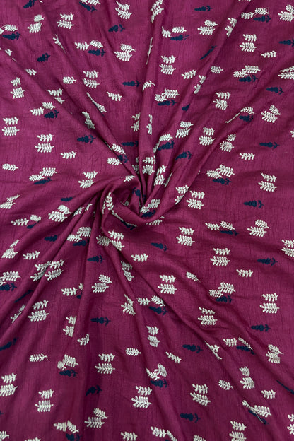 Pines & Leaves Embroidered Pure Falling Raw Silk Fabric