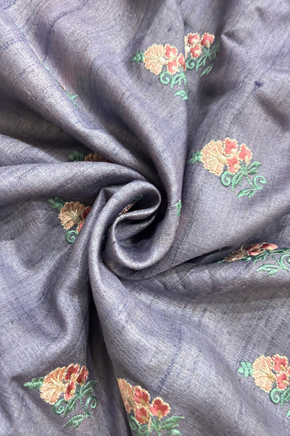 Repeated Plant Silhouette Embroidered Pure Munga Silk Fabric