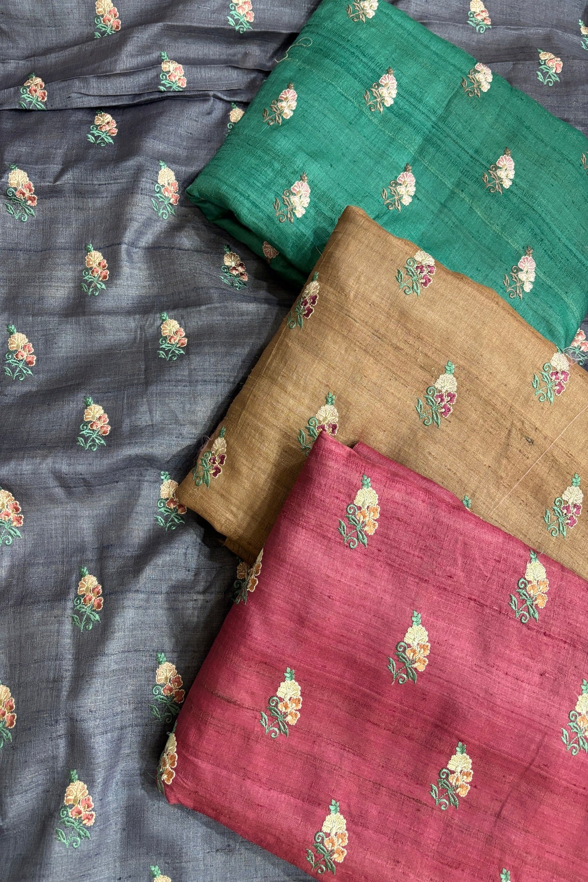 Repeated Plant Silhouette Embroidered Pure Munga Silk Fabric