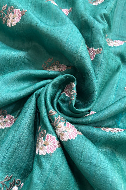 Repeated Plant Silhouette Embroidered Pure Munga Silk Fabric