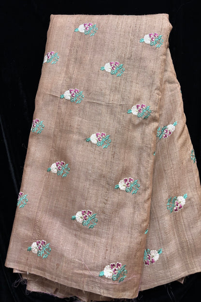 Repeated Plant Silhouette Embroidered Pure Munga Silk Fabric