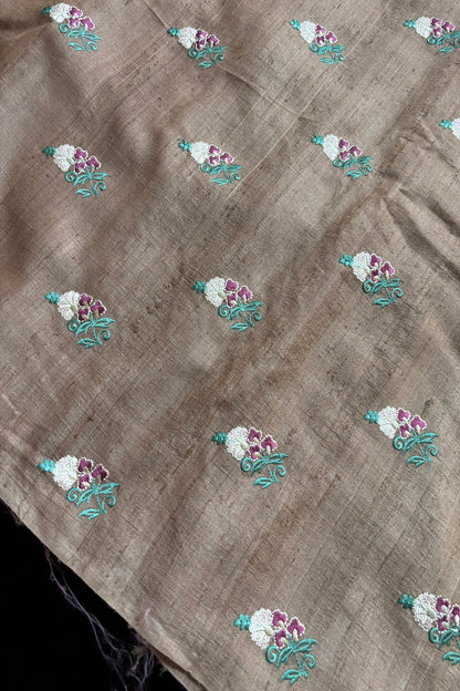 Repeated Plant Silhouette Embroidered Pure Munga Silk Fabric